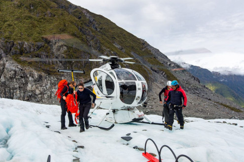 Landing on the lower helipad at the Victoria Flat on Fox Glacier
