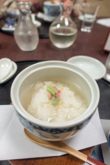 Kaiseki - sixth course! Rice with a pickled cherry blossom in a thick stock
