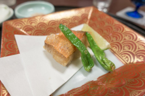 Kaiseki - eighth course! Tempura fish bites with shishito peppers