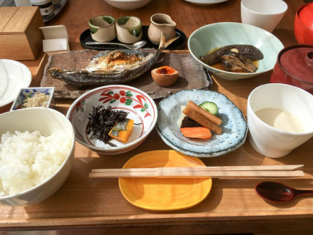 Japanese breakfast at the Hyatt Regency Kyoto - Kristan was a little overwhelmed by the whole broiled fish but the fresh soy milk was great