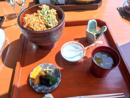 Tendon (tempura on rice) lunch set with pickles and miso soup. Also a tiny squid, which neither of us ate.
