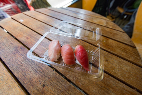 Tuna nigirizushi set. The otoro (left) was so fatty we could barely eat it