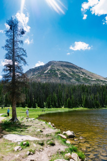Bald Mountain looming over us as we walk around Mirror Lake in the Uinta Mountains
